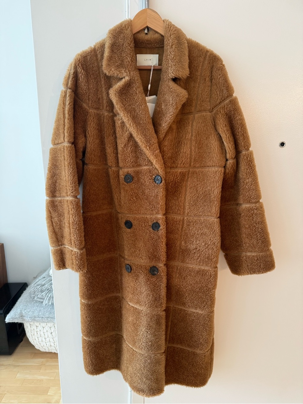 LVIR NWT Double-Breasted Faux Shearling Coat in Camel